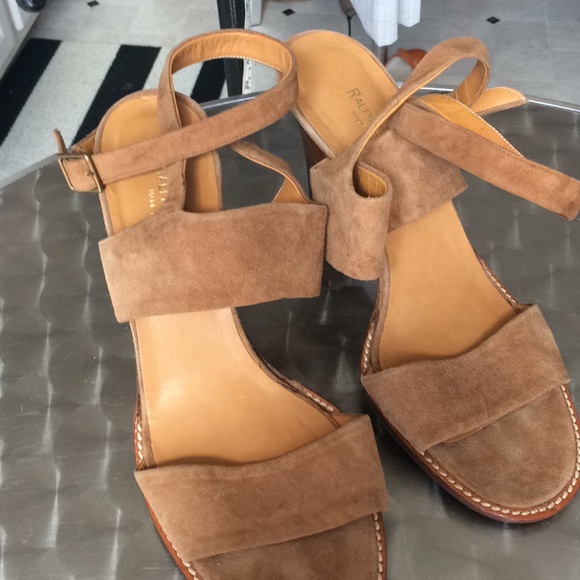Ralph Lauren tan suede sandals w/wood heels - Picture 1 of 9